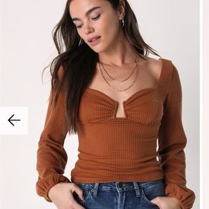 Thriving Trend Brown Ribbed Balloon Sleeve Bustier Top